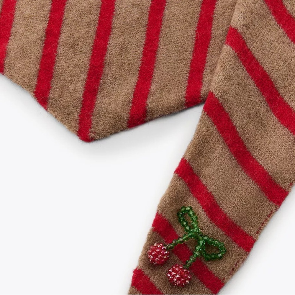 ZARA Striped Brown and Red Scarf with Cherry Embellishments - Picture 2 of 3